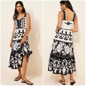 Farm Rio Black And White Summer Cutwork Floral Organic Cotton Midi Dress